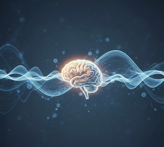A glowing brain at the center emits light waves, surrounded by faint neural network patterns on a dark blue background.