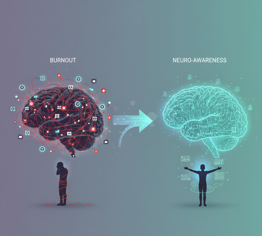 Infographic contrasting a stressed, "burnout" brain tangled with digital distractions, with a clear, calm "neuro-awareness" brain surrounded by ordered neural connections. An arrow signifies a transition from burnout to self-awareness.